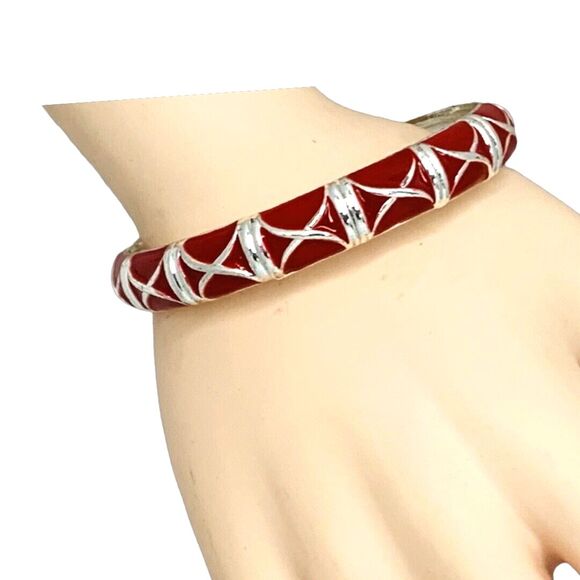 Vintage Red Silver Tone Bangle Bracelet 7.5" Hinged Nautical Formal Christmas - Picture 2 of 10